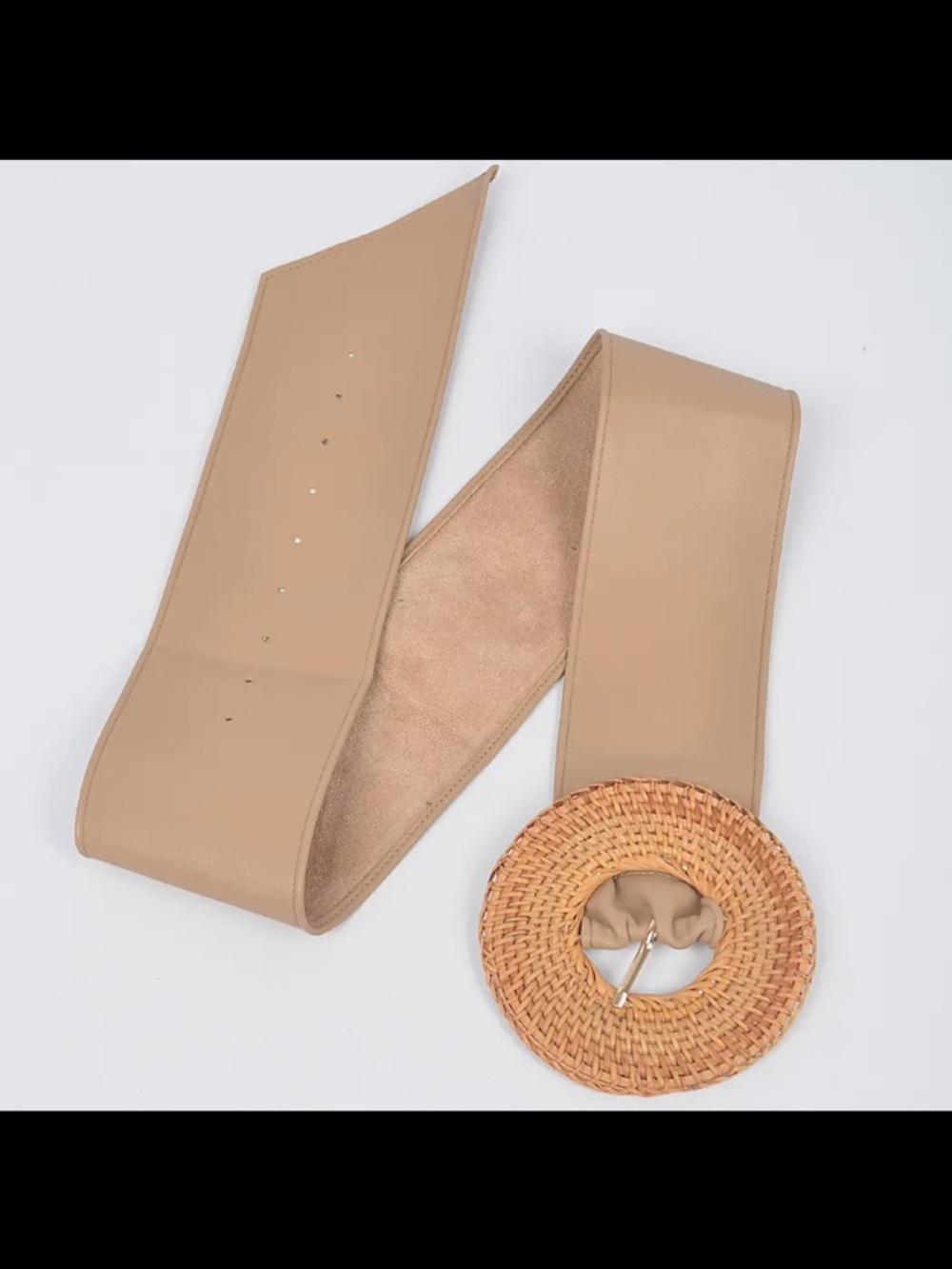 Faux leather Wide Waist Belt with Woven Round Buckle - Picture 3 of 5